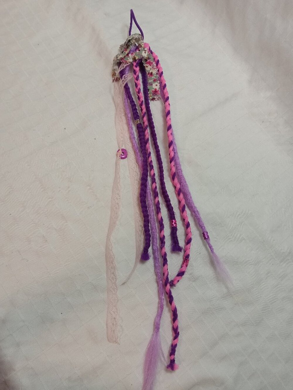 Handmade bohemian hair accessory with dreads, braids, lace ribbons & decorations